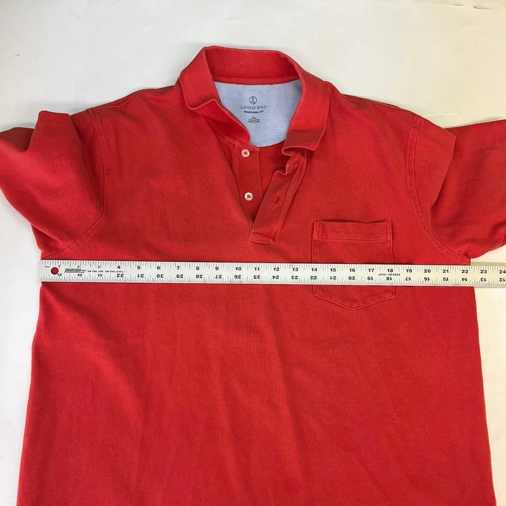 Lands End Mens Red Pique Cotton Short Sleeve Polo Shirt with Pocket Size L 42-44